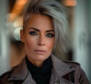 A woman with a chic magnificent gray hairdo