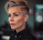A woman with a chic short fabulous gray hairdo