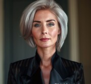 A woman with an elegant short fabulous gray hairdo