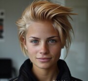 Blonde sporting a short and bright hairstyle