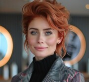 Woman showcasing an amazing short red hair cut