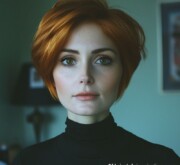 Woman with a polished and sleek short red hairstyle