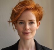 A fresh short red coiffure enhances individuality