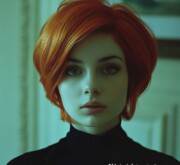 A short red hairstyle embodies bold sophistication