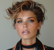 A striking short colorful hairstyle showcases bright personality