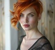 Fresh short red coiffure showcases radiant charm