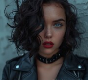 Shimmering short black hair creates an edgy vibe