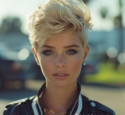 Short blonde hair exudes refinement