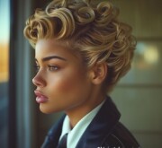 Short blonde hair radiates magnificence