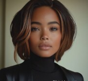 Sleek finish transforms the black hairdo into pure elegance