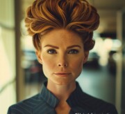 The red haircut adds natural confidence to any look