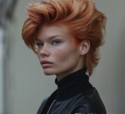 The short red hairstyle adds a daring edge to any look