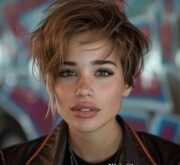 A trendy short brown unique haircut