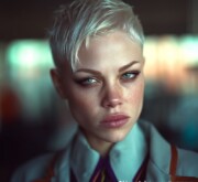 A clean short blonde female cut with defined lines