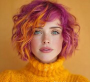 A unique short colored coif glowing with joy