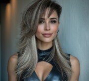Bold long gray coif for woman with sleek lines Bold long gray coif for woman with sleek lines