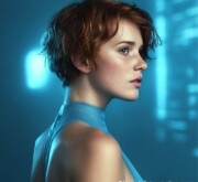 Bold short red hairdo, glowing with charm