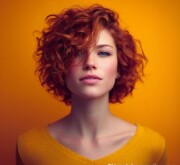 Bold short red hairdo, sparkling with life