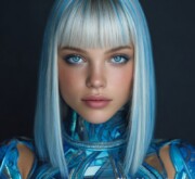 Colorful medium length coif glowing with light Colorful medium length coif glowing with light
