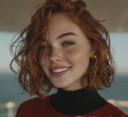 Medium length red hair glowing with endless warmth