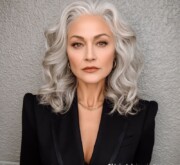 Polished long gray coif for woman with soft texture Polished long gray coif for woman with soft texture