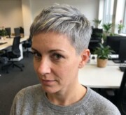 Shining short gray hair with clean, defined edges Shining short gray hair with clean, defined edges