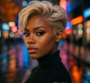 Short blonde coif with a clean, polished look