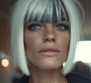 Short blonde female cut with sharp lines