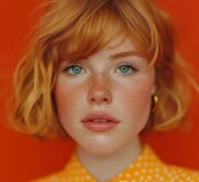 Short red hairdo, glowing with passion