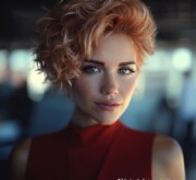Short red hairdo, vibrant and free