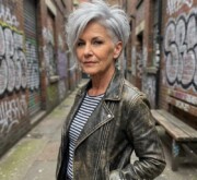 Sleek gorgeous short gray hairdo with subtle shine Sleek gorgeous short gray hairdo with subtle shine